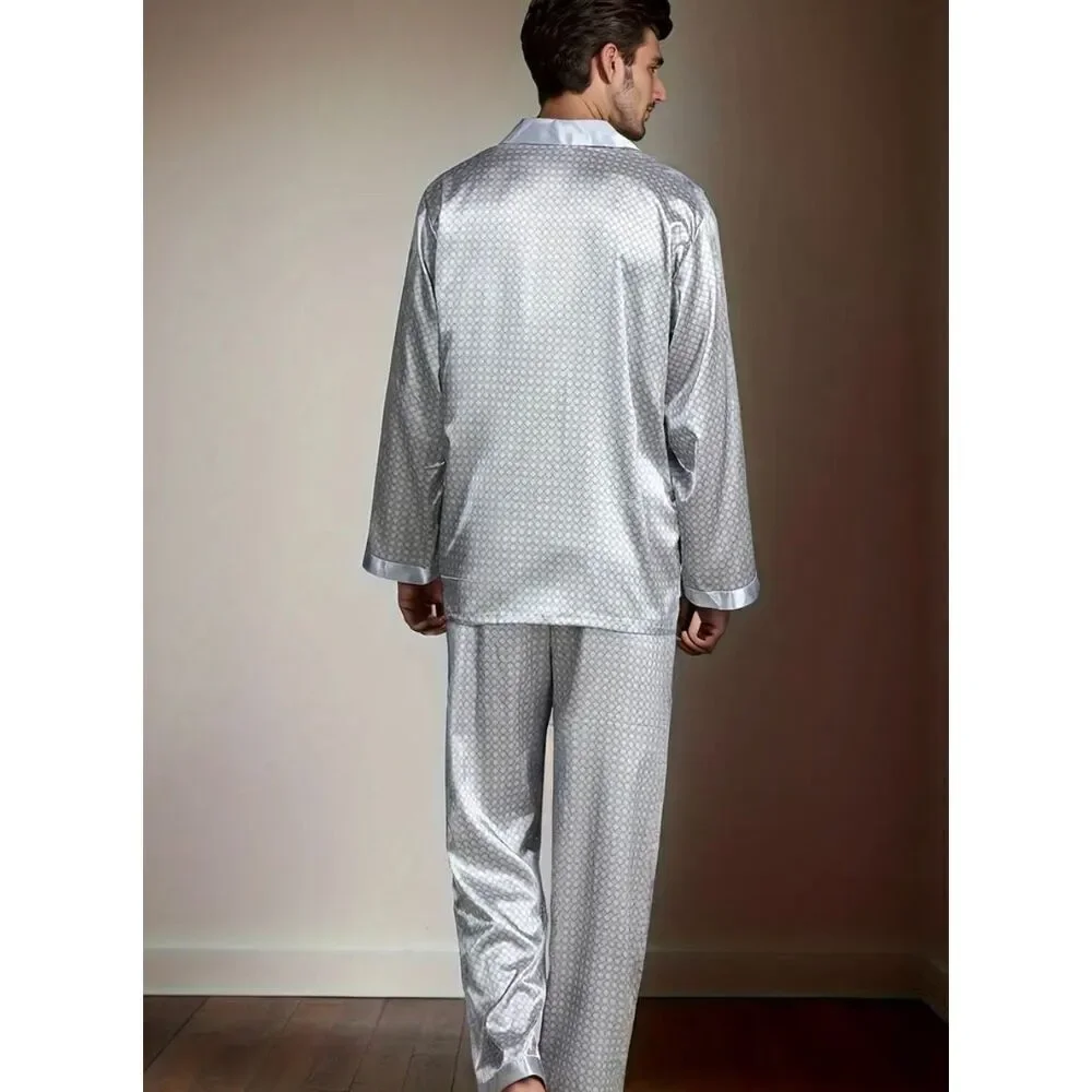 NWT Dreams M Men’s Silky Silver Satin Pants & Long sleeve top Shirt Pajama Set